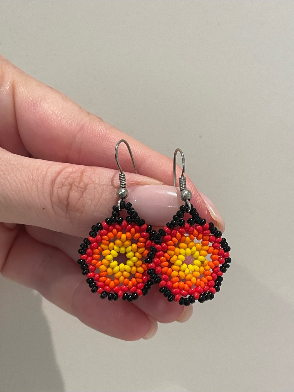 Handmade Yellow-Orange-Red Beaded Flower Drop Earrings